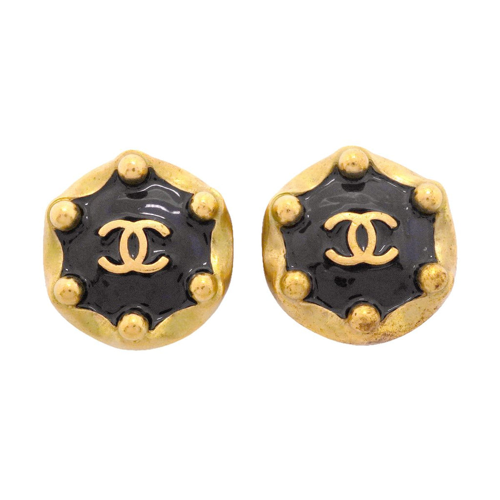 Chanel Earrings Vintage CC Logo Round Circle Gold Plated Black