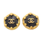 Chanel Earrings Vintage CC Logo Round Circle Gold Plated Black