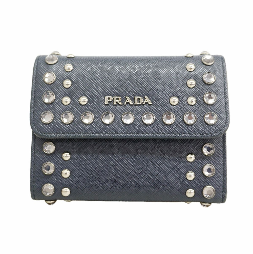 Prada Trifold Wallet Saffiano Leather Navy Silver