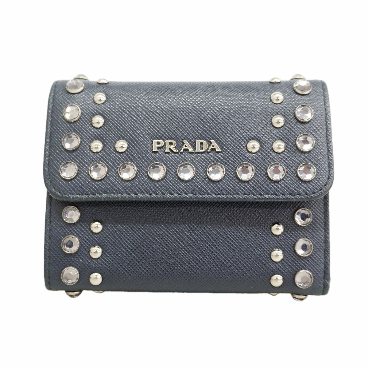 Prada Trifold Wallet Saffiano Leather Navy Silver