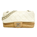 Chanel Shoulder Bag Quilted Calfskin White Brown Silver