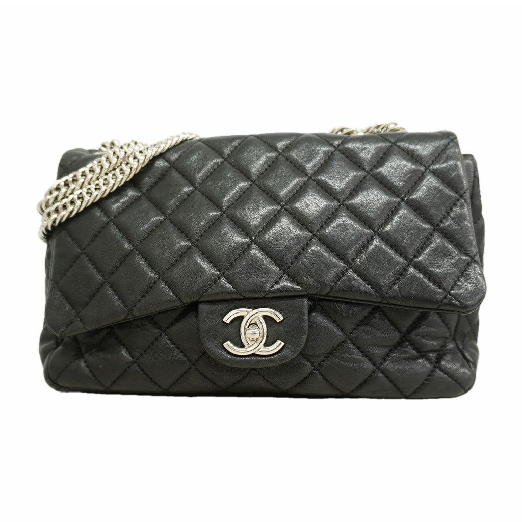 Chanel Shoulder Bag Maxi Quilted Leather Black Silver