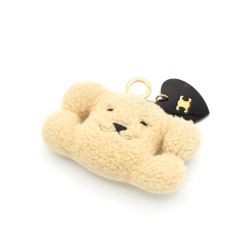 Celine Key Case Key Beige Brown Gold Triomphe Pom Charm Heart Dog Key Holder