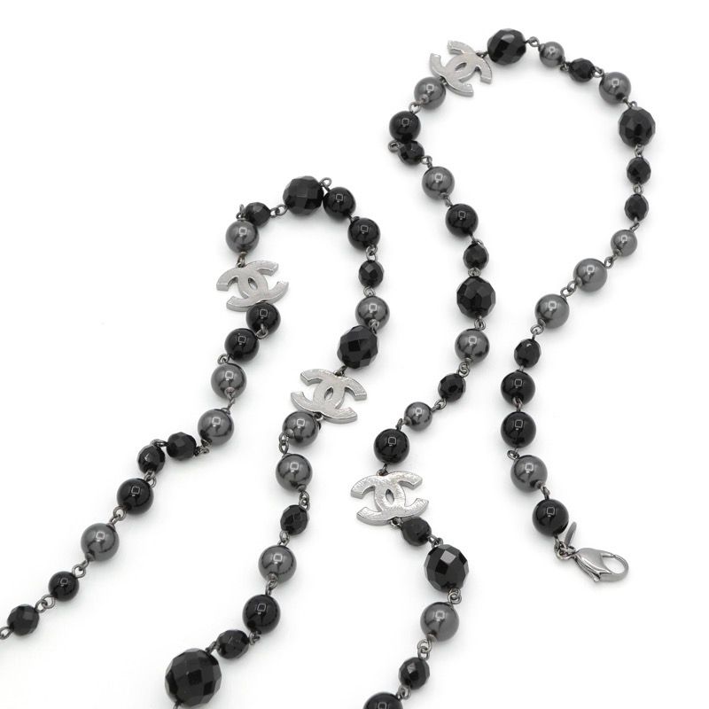 Chanel Pendant Choker Black Silver CC Logo Pearl Long Necklace