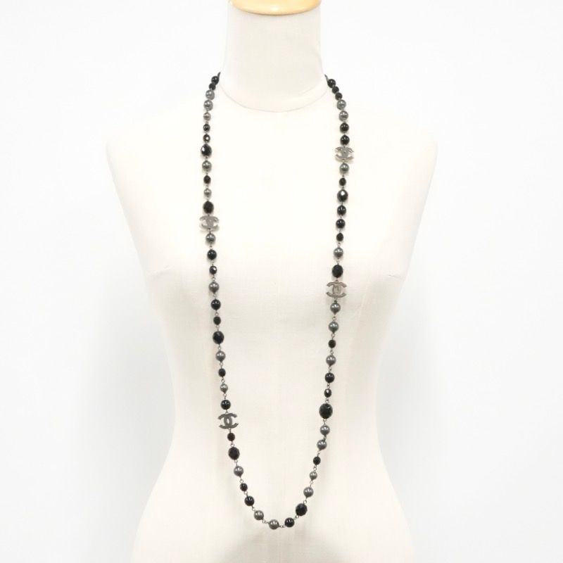 Chanel Pendant Choker Black Silver CC Logo Pearl Long Necklace — view 6