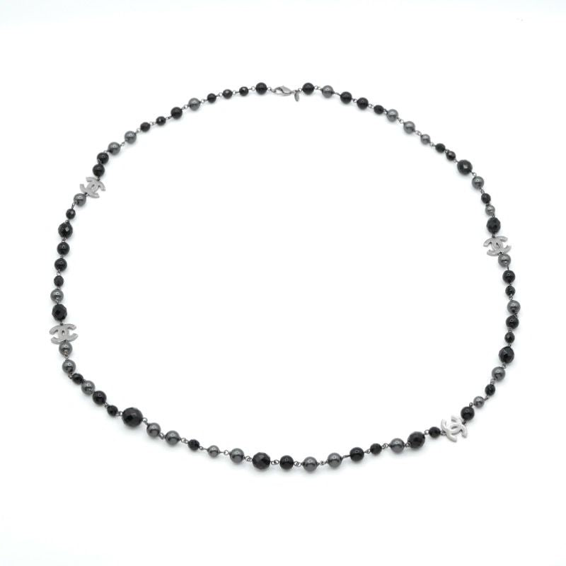 Chanel Pendant Choker Black Silver CC Logo Pearl Long Necklace — view 2
