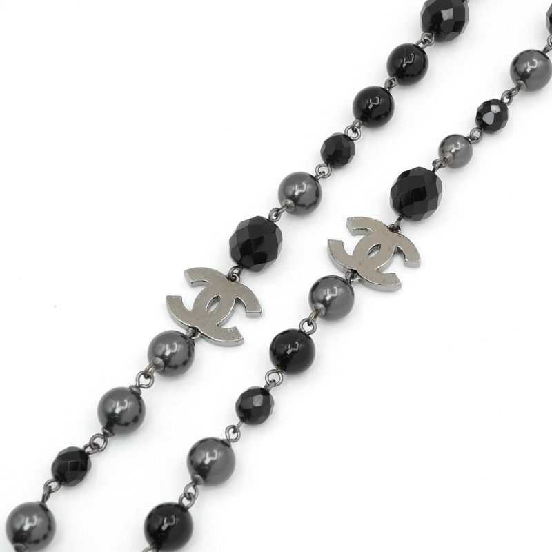 Chanel Pendant Choker Black Silver CC Logo Pearl Long Necklace — view 3