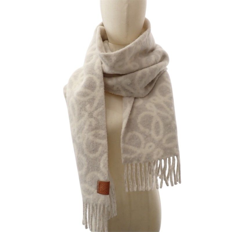 Loewe Anagram Scarf Fringe Wool Alpaca Gray White — view 7