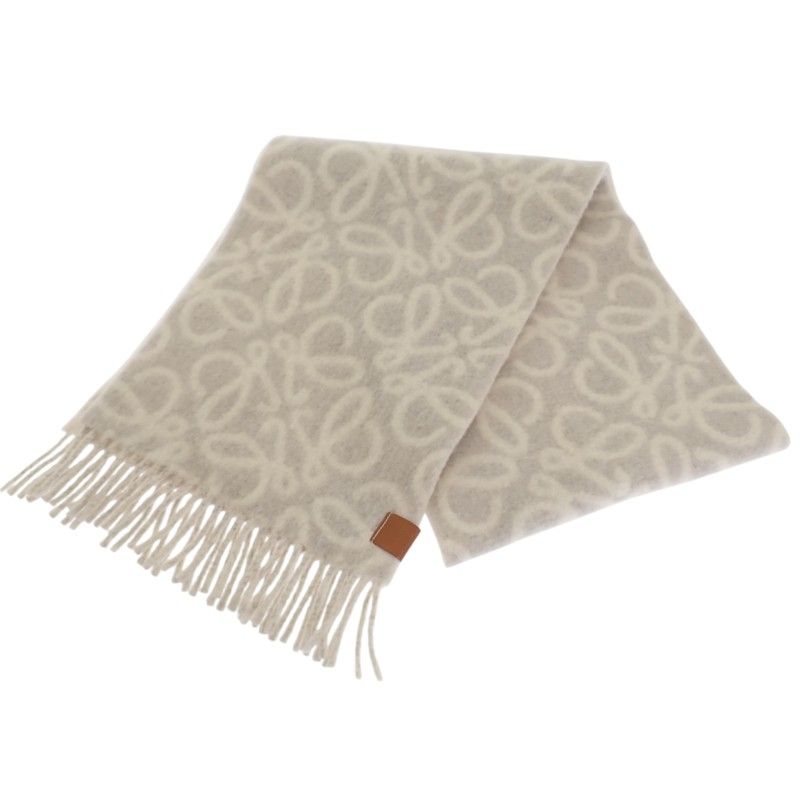 Loewe Anagram Scarf Fringe Wool Alpaca Gray White