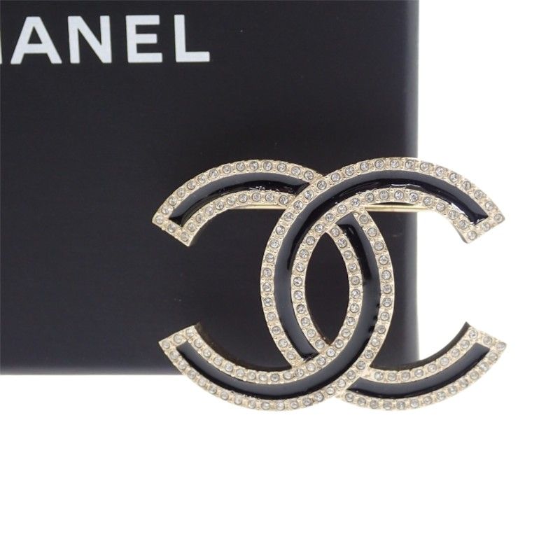 Chanel CC Logo Brooch Metal Crystal Gold Black