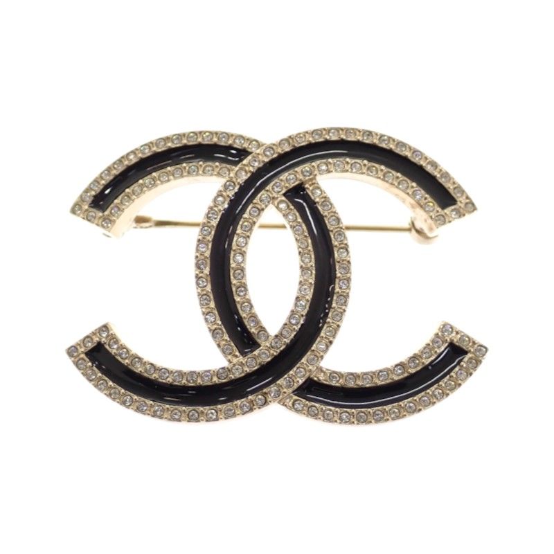 Chanel CC Logo Brooch Metal Crystal Gold Black — view 2