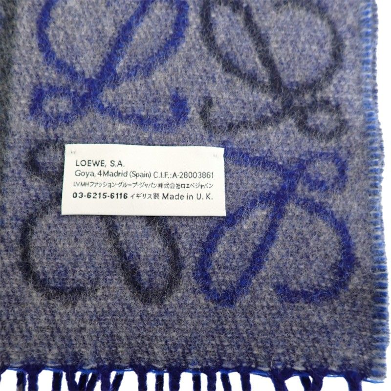 Loewe Checkerboard Scarf Anagram Fringe Wool Cashmere Blue — view 6