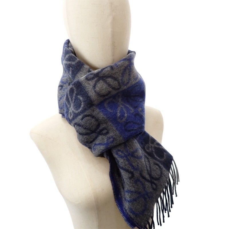Loewe Checkerboard Scarf Anagram Fringe Wool Cashmere Blue — view 8
