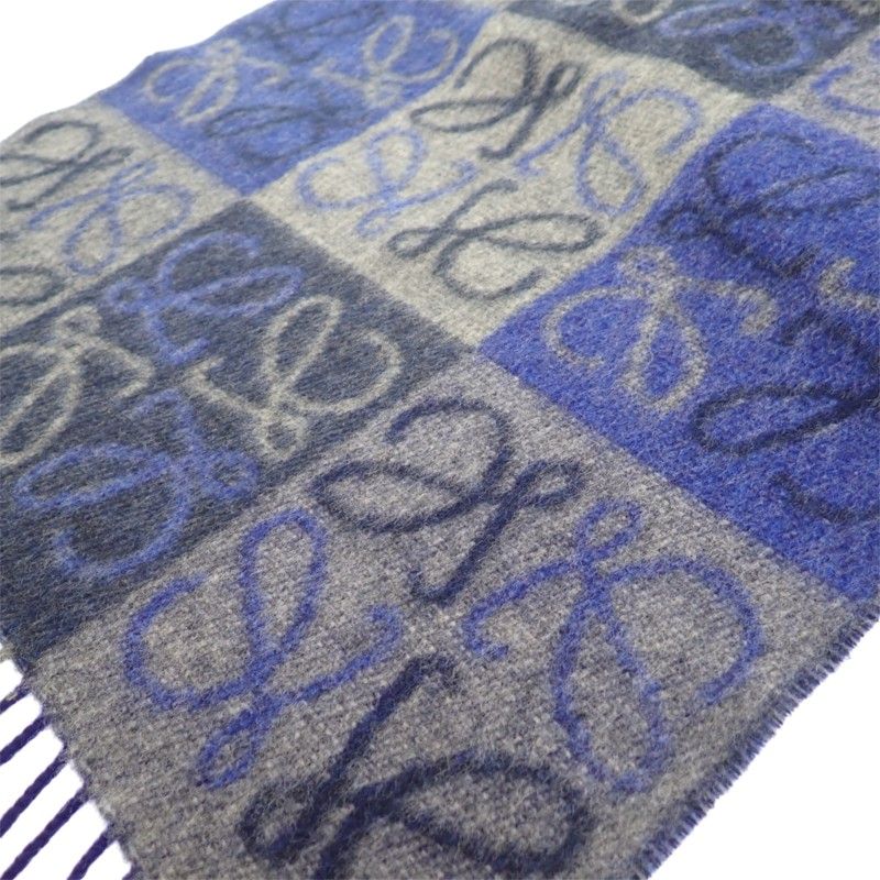 Loewe Checkerboard Scarf Anagram Fringe Wool Cashmere Blue — view 4