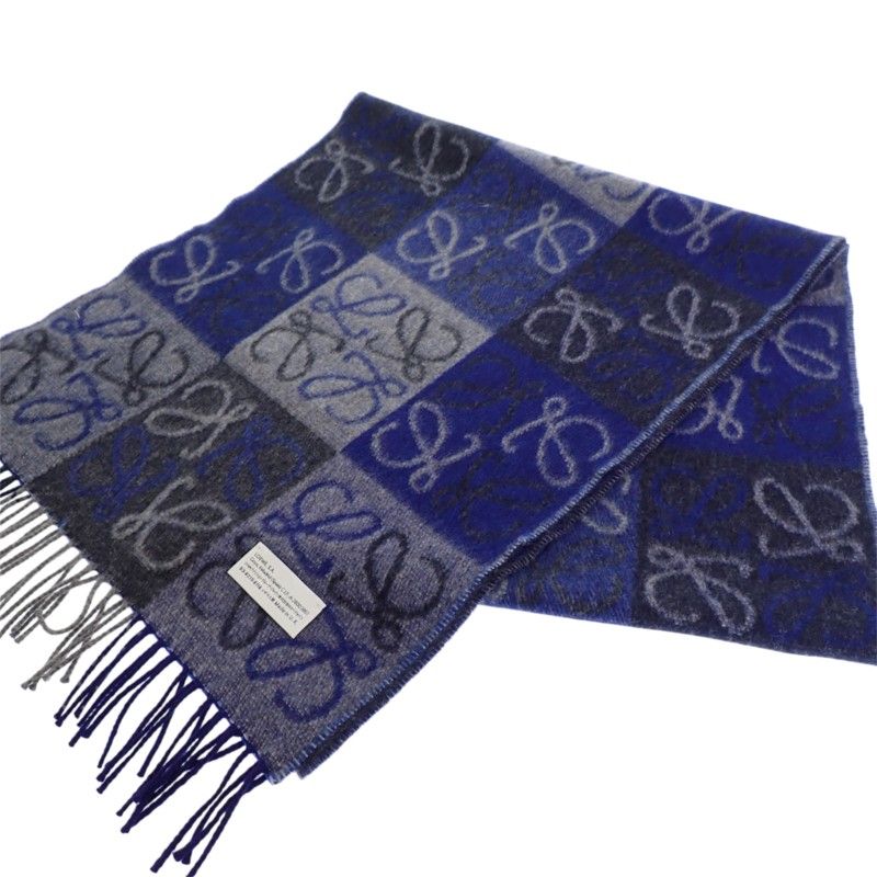 Loewe Checkerboard Scarf Anagram Fringe Wool Cashmere Blue — view 5