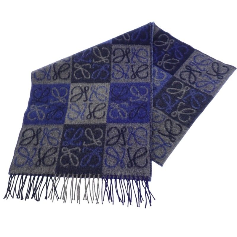 Loewe Checkerboard Scarf Anagram Fringe Wool Cashmere Blue