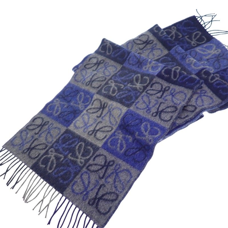 Loewe Checkerboard Scarf Anagram Fringe Wool Cashmere Blue — view 3