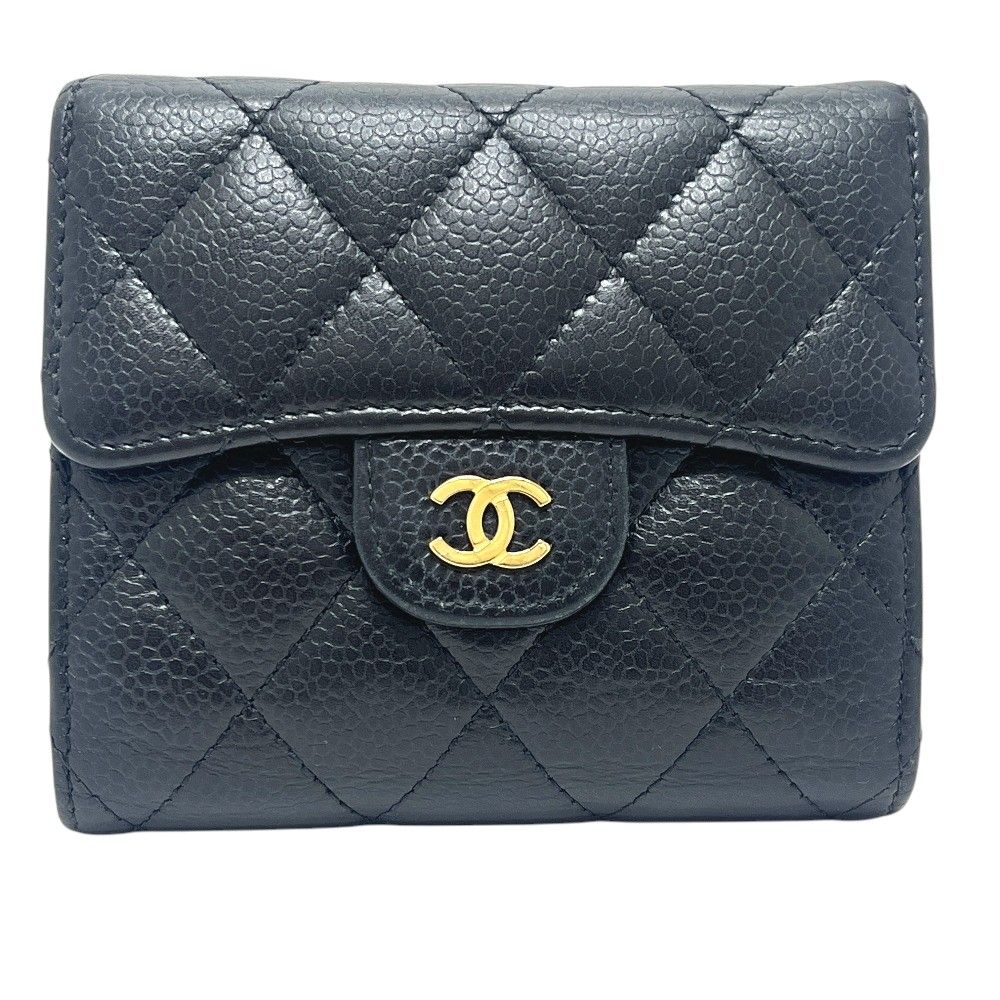 Chanel Trifold Wallet CC Logo Quilted Caviar Leather Black