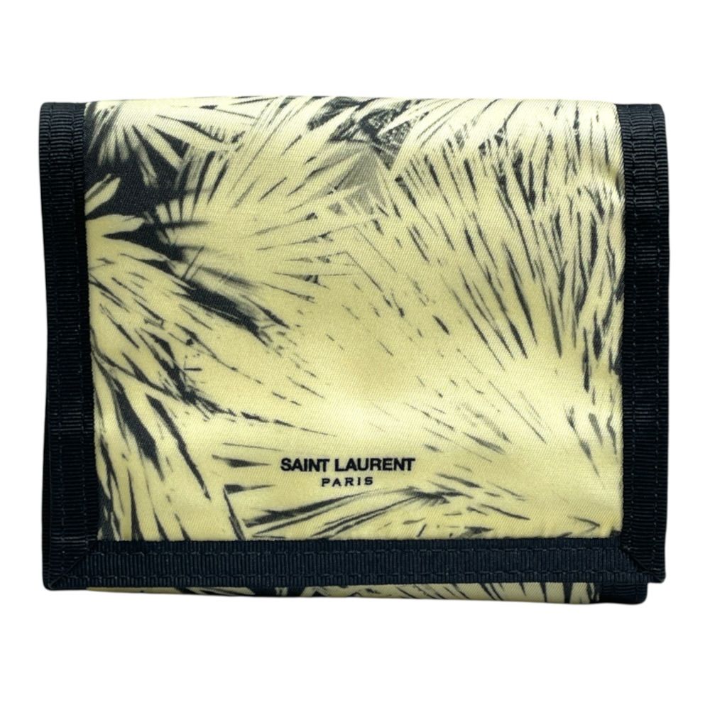 Saint Laurent Trifold Wallet Folding Palm Leaf Print Velcro Nylon Canvas Cream