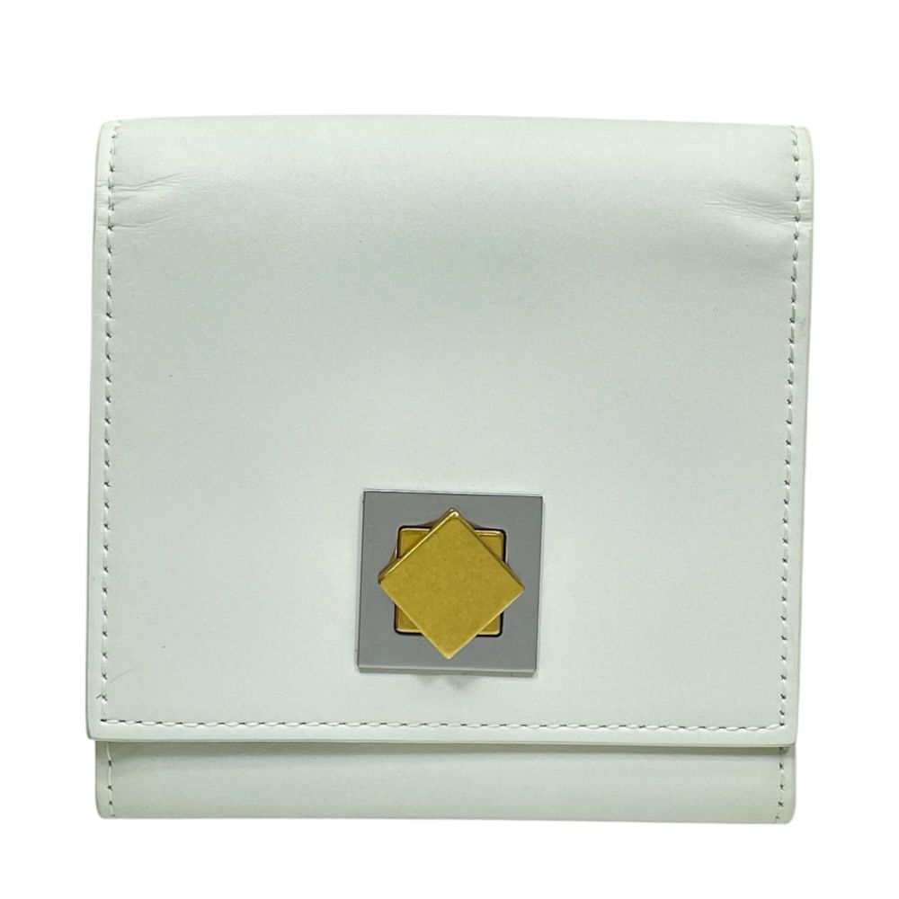Bottega Veneta Twist Lock Trifold Wallet Compact Leather White Gold Business