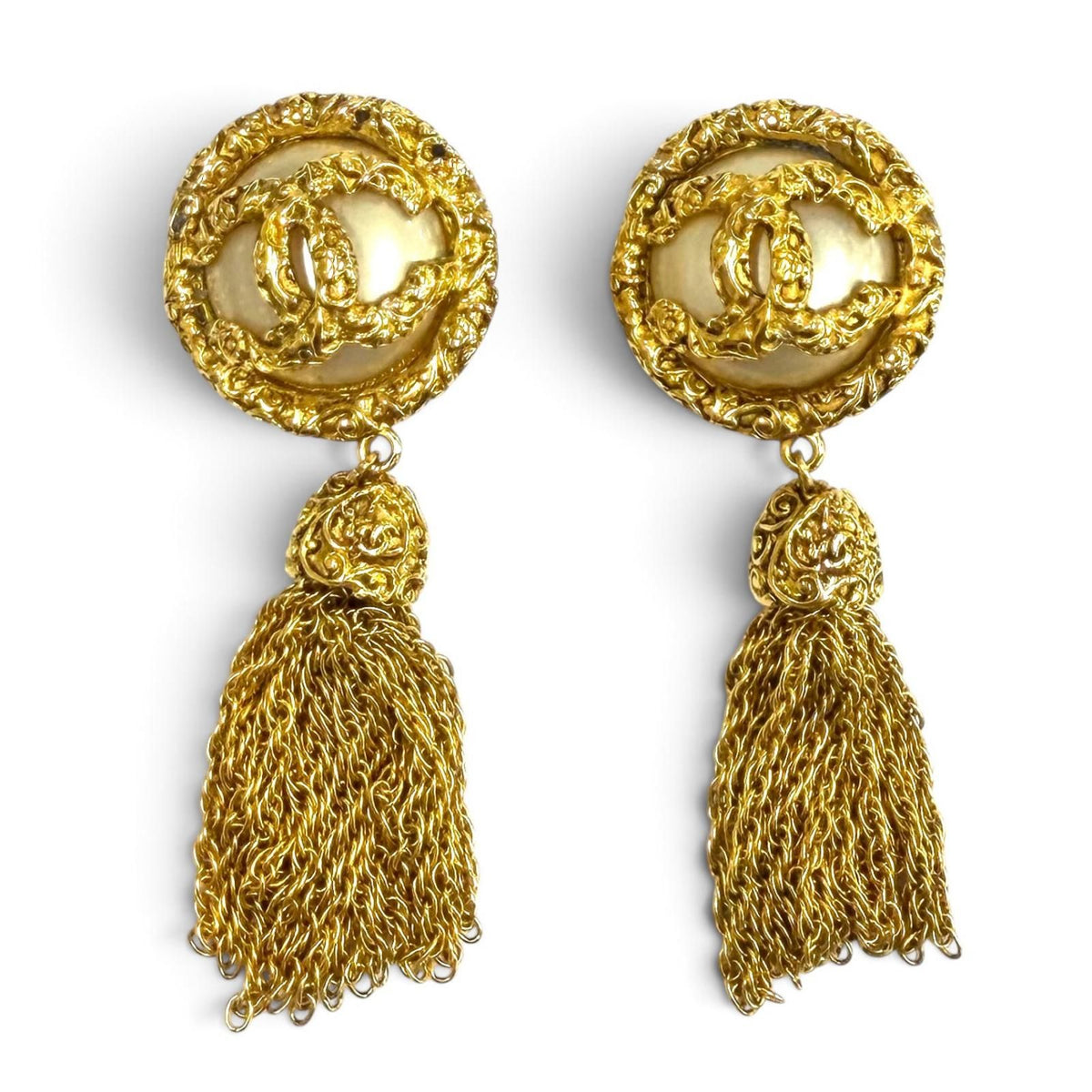 Chanel Vintage 93A CC Logo Lava Eco Pearl Earrings Gold