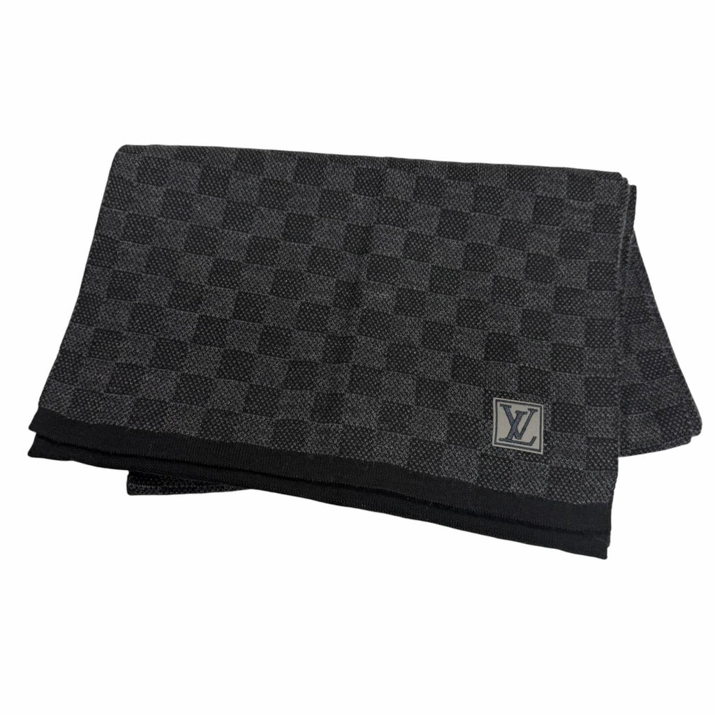 Louis Vuitton Echarpe Petit Damier Wool 100% LV Logo Patch Scarf Black