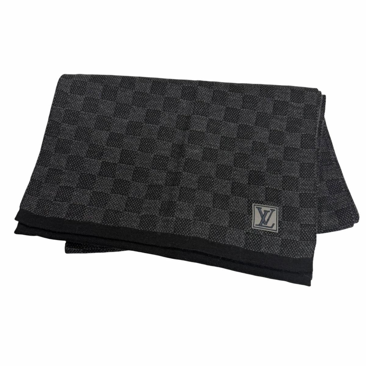 Louis Vuitton Echarpe Petit Damier Wool 100% LV Logo Patch Scarf Black