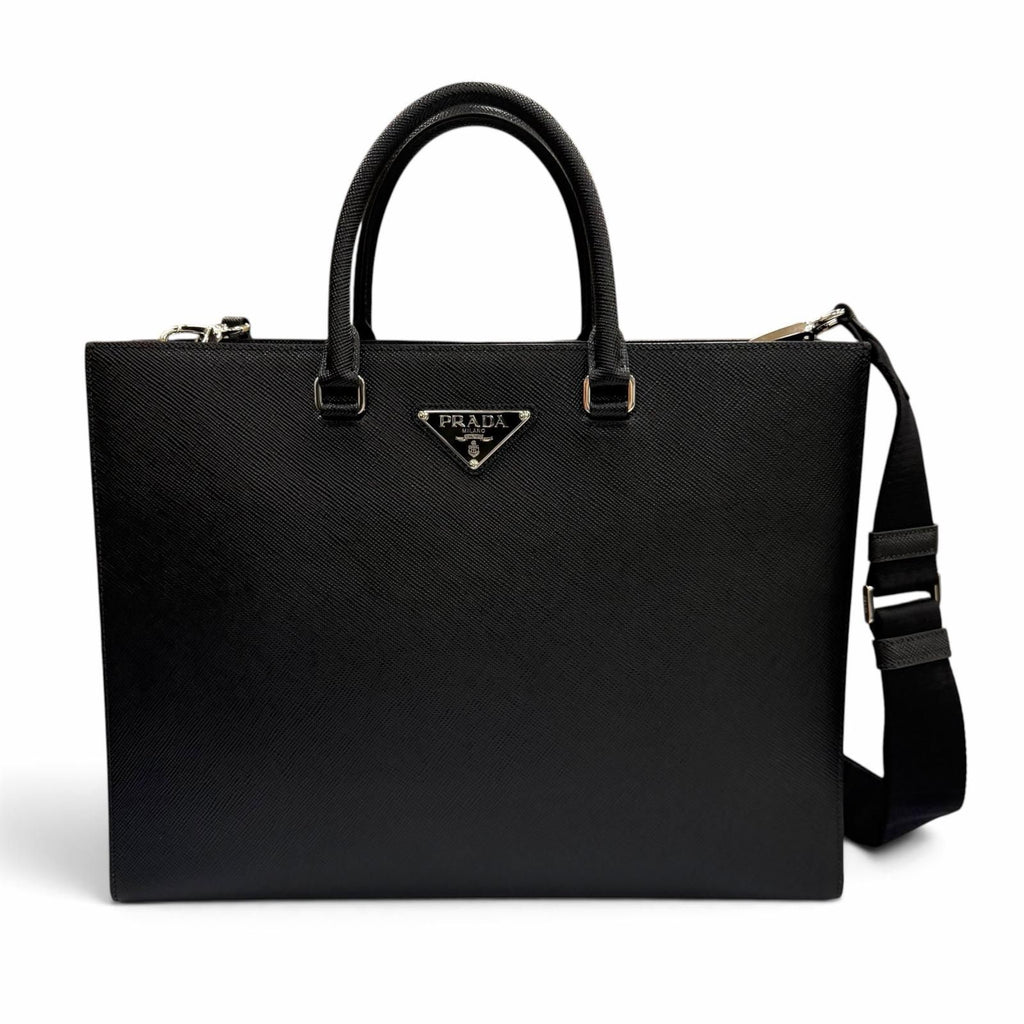 Prada Saffiano Leather 2-Way Tote Black Silver