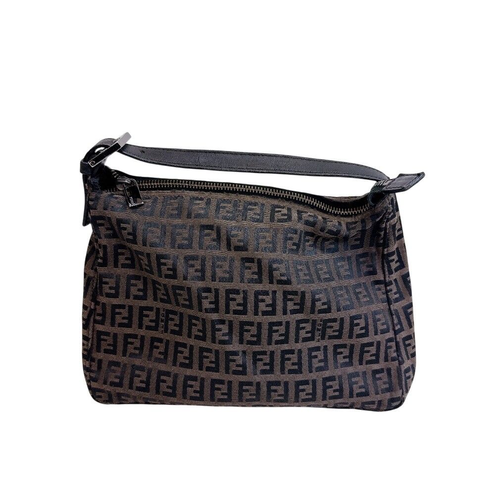 Fendi Zucchino All Over Print Pouch Vanity Handbag Canvas Leather Brown Black