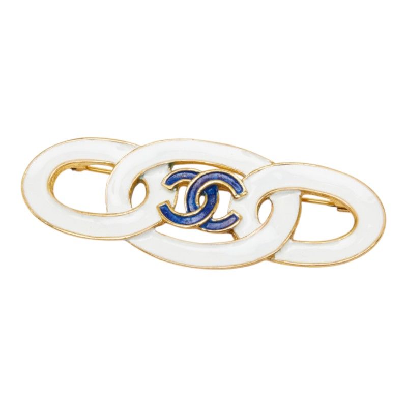 Chanel CC Logo Brooch 93C White Blue Gold Plated