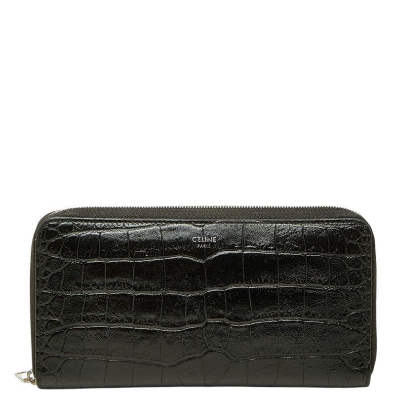 Celine Croco Embossed Zip Around Wallet Black Leather