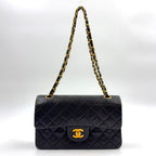Chanel Quilted Double Flap Lambskin Black Chain Shoulder Bag Gold