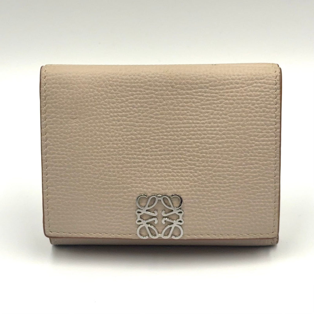 Loewe Anagram Trifold Leather Gray Beige Wallet Silver