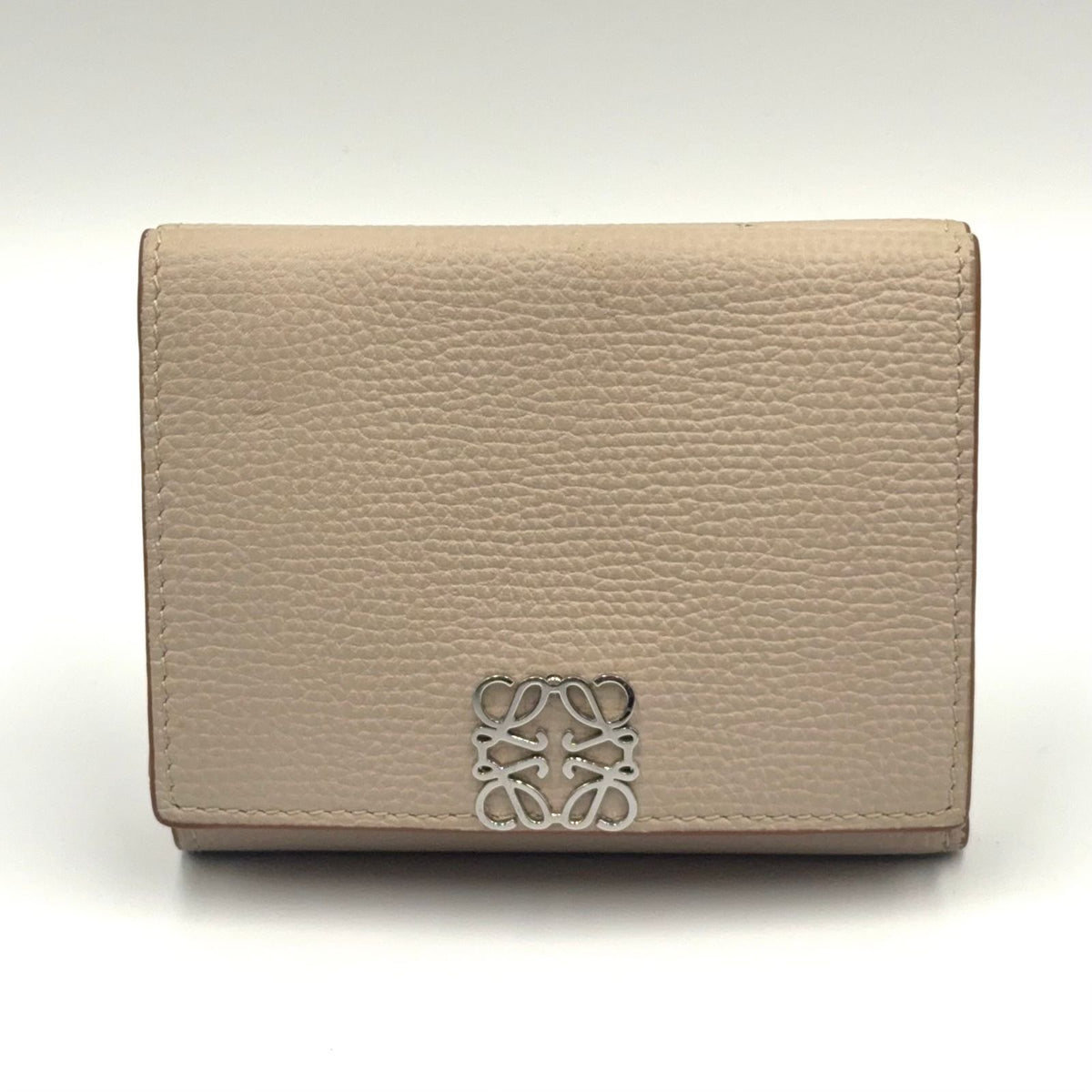 Loewe Anagram Trifold Leather Gray Beige Wallet Silver