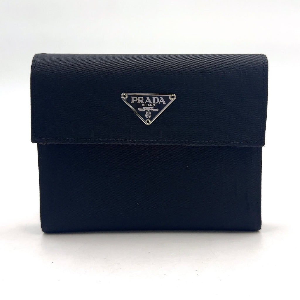 Prada Leather Nylon Black Trifold Wallet Silver
