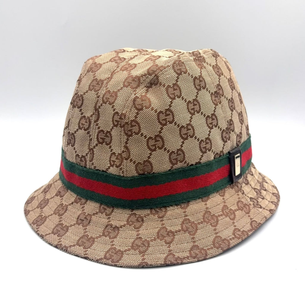 Gucci Web GG Canvas Leather Green Dark Brown Beige Hat Gold