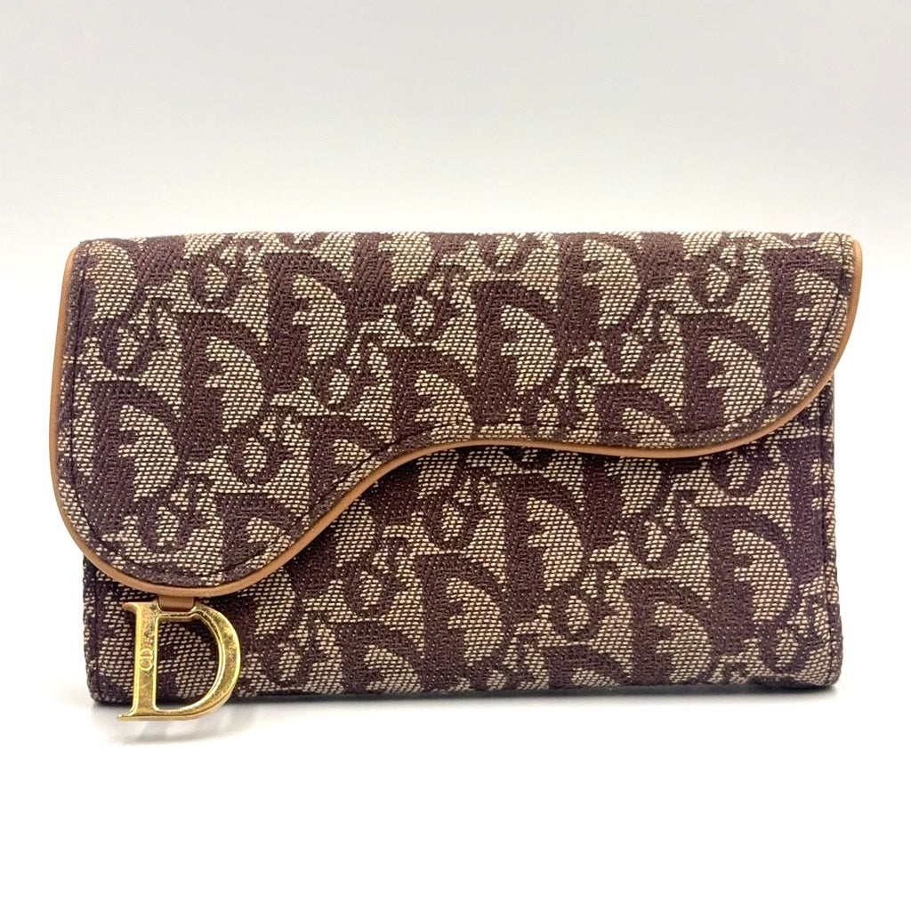 Dior Saddle Trotter Leather Canvas Brown Light Trifold Wallet Gold