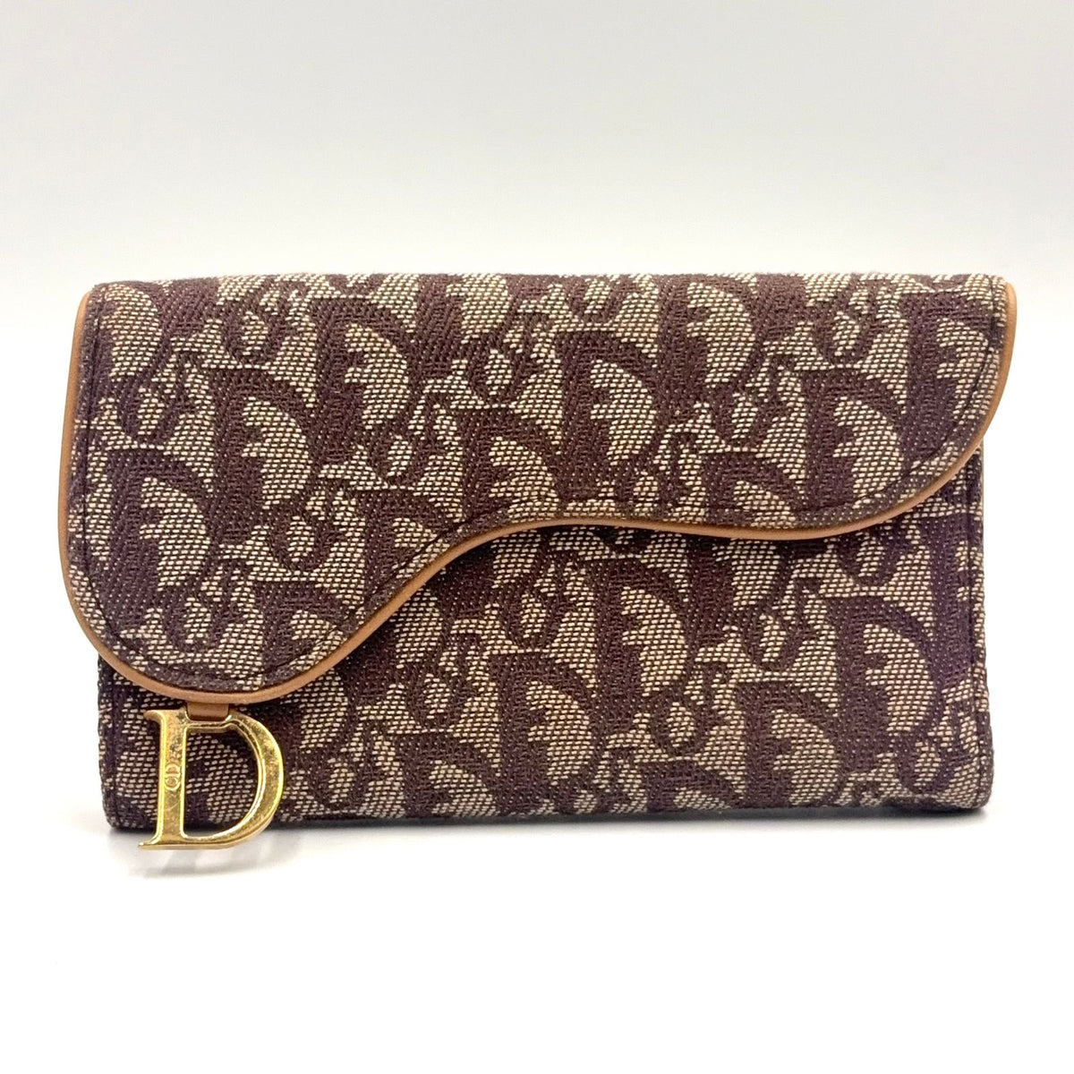 Dior Saddle Trotter Leather Canvas Brown Light Trifold Wallet Gold