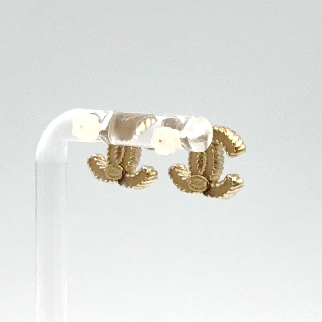 Chanel CC Logo Stud Enamel Gold Beige Earrings — view 2