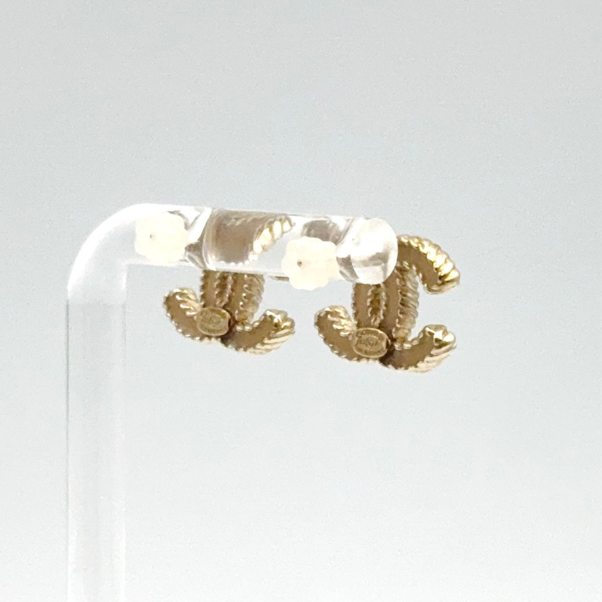 Chanel CC Logo Stud Enamel Gold Beige Earrings — view 2