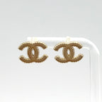 Chanel CC Logo Stud Enamel Gold Beige Earrings