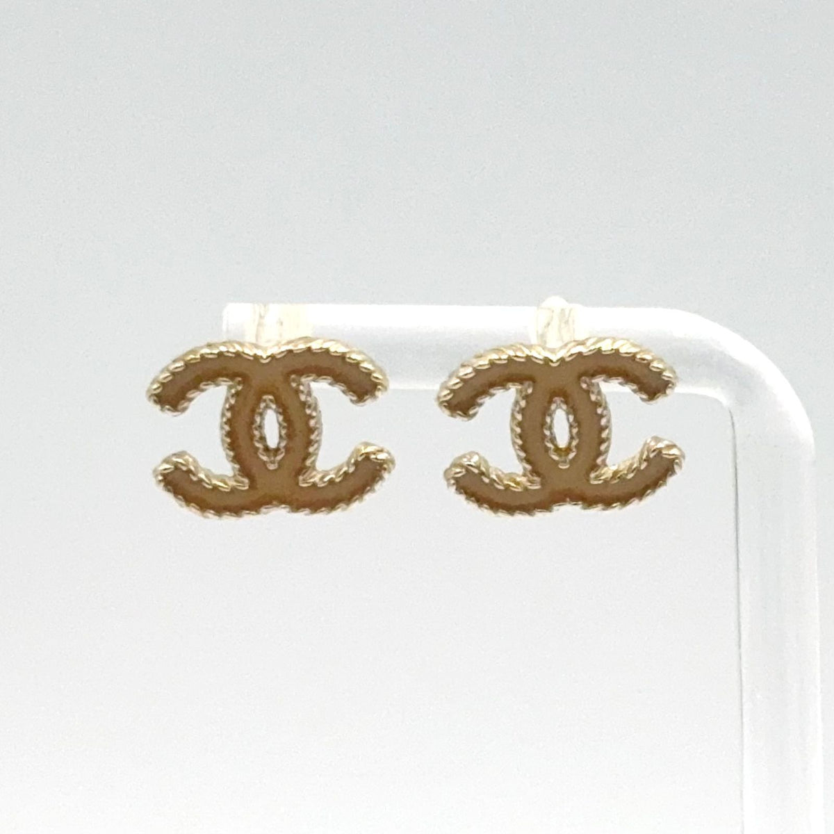 Chanel CC Logo Stud Enamel Gold Beige Earrings