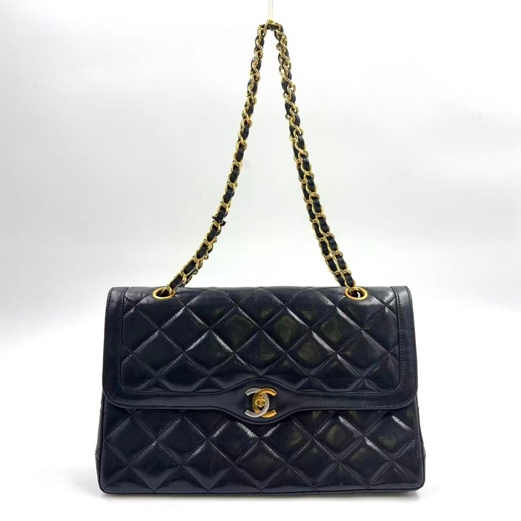 Chanel Limited Edition Quilted Lambskin Black Chain Shoulder Bag Gold