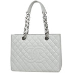 Chanel Tote CC Logo Quilted Caviar Leather White