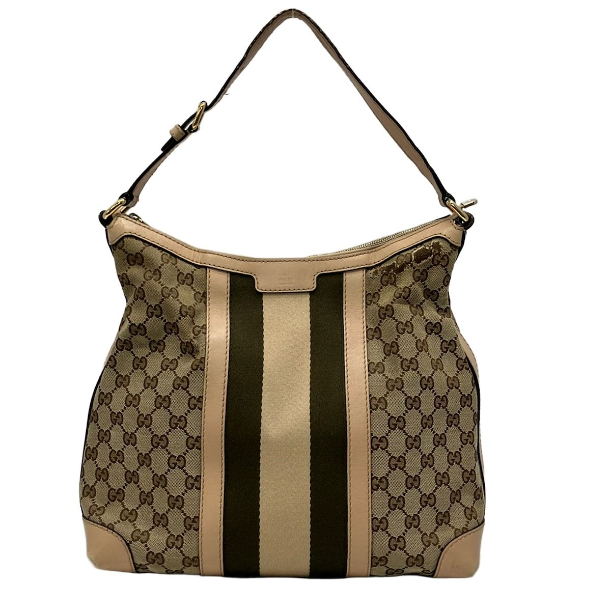 Gucci Shoulder Bag GG Pattern Beige Dark Brown Leather