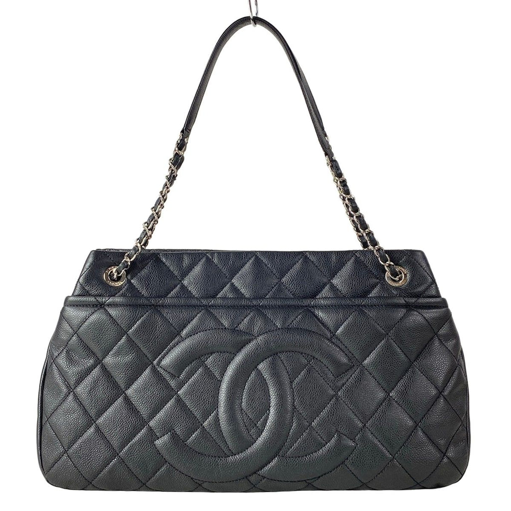 Chanel Tote Quilted Black CC Logo Silver Chain