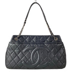 Chanel Tote Quilted Black CC Logo Silver Chain