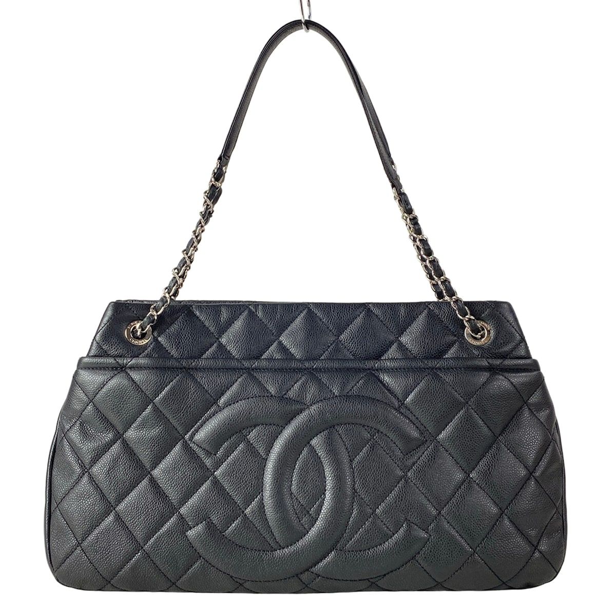 Chanel Tote Quilted Black CC Logo Silver Chain