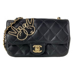 Chanel Shoulder Bag Mini Quilted Black Rhinestone Chain Gold Peace Sign Lambskin