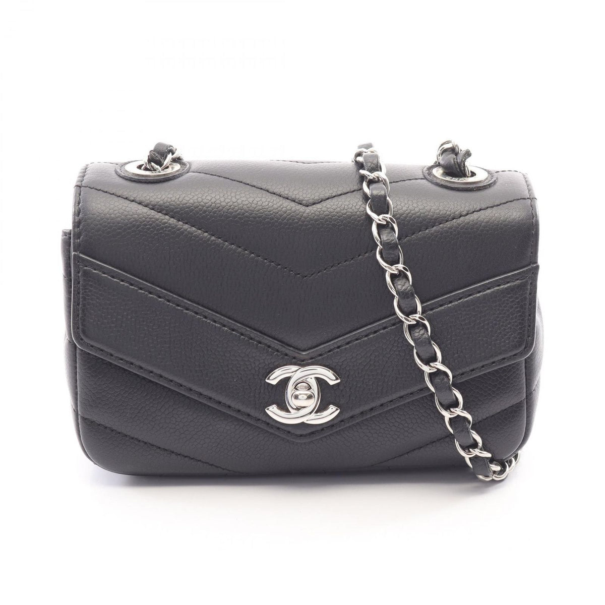 Chanel Shoulder Bag Chevron V-stitch Black Caviar Leather Mini Chain